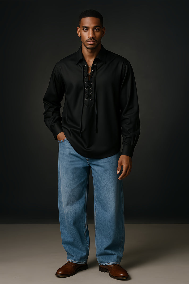 Luxe Heritage - Korean-Inspired Lace-Up Long-Sleeve Shirt