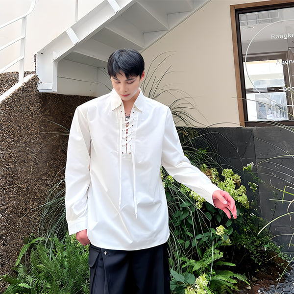Luxe Heritage - Korean-Inspired Lace-Up Long-Sleeve Shirt