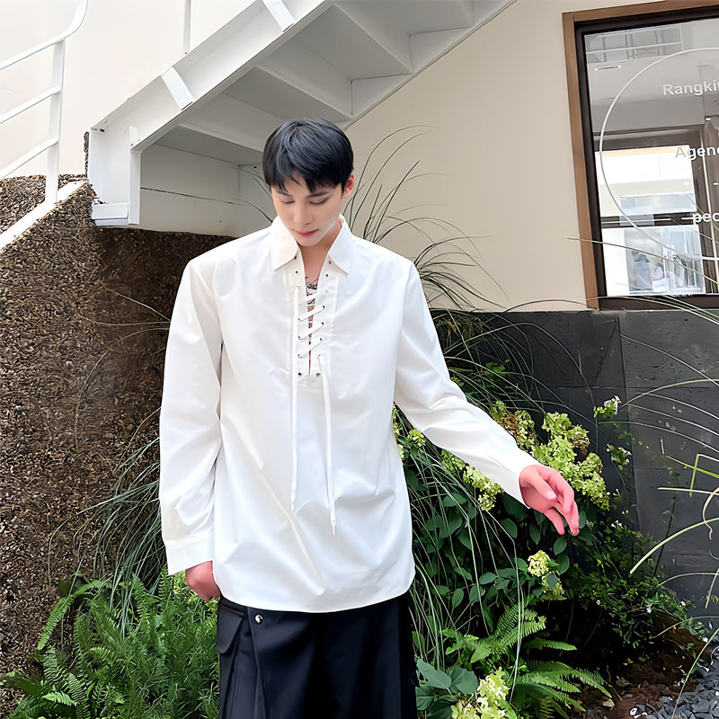 Luxe Heritage - Korean-Inspired Lace-Up Long-Sleeve Shirt