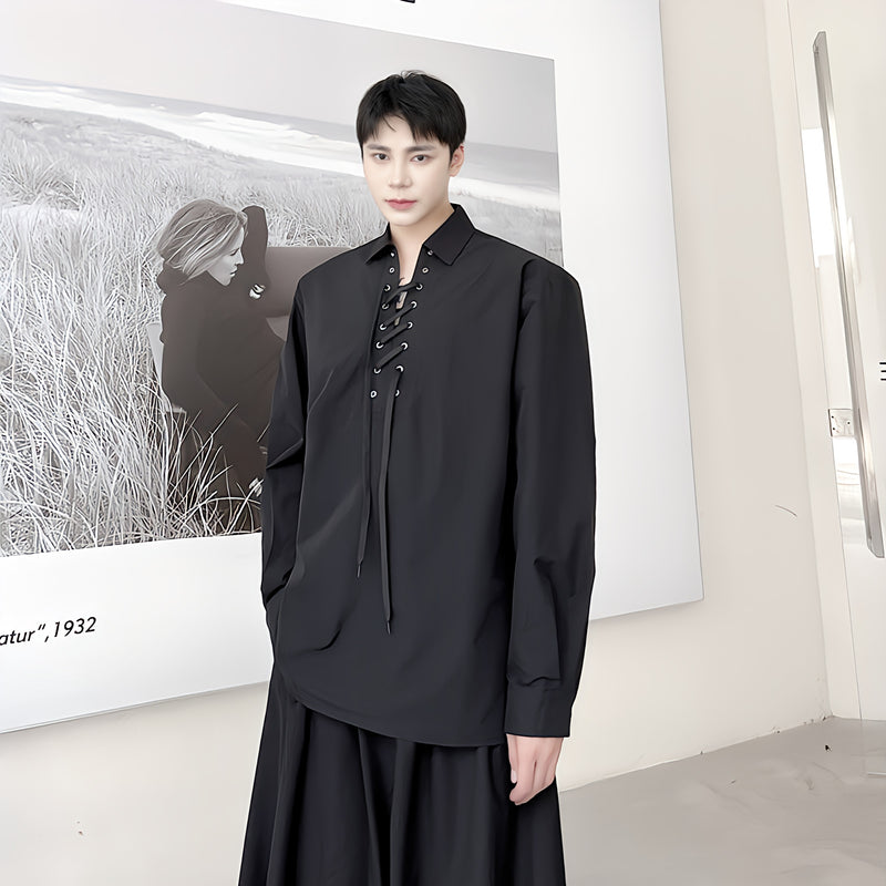 Luxe Heritage - Korean-Inspired Lace-Up Long-Sleeve Shirt