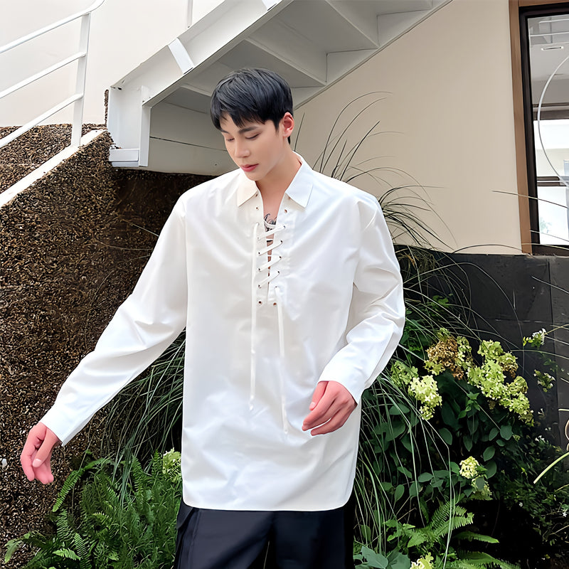 Luxe Heritage - Korean-Inspired Lace-Up Long-Sleeve Shirt